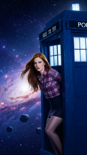 a young woman with long auburn hair  leaning out of a blue police box  wearing a plaid shirt and a short tight pencil skirt  she looks like karen gillan  on an asteroid in deep space wit 898105569